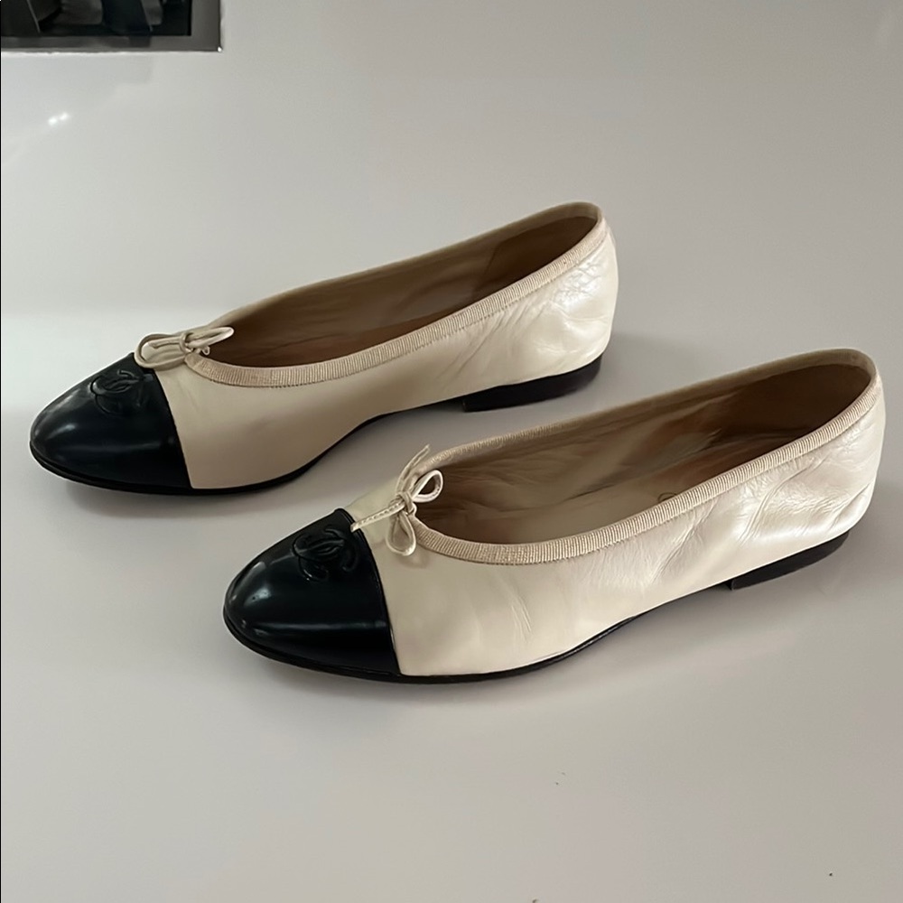 Cream and Black Cap-Toe Flats